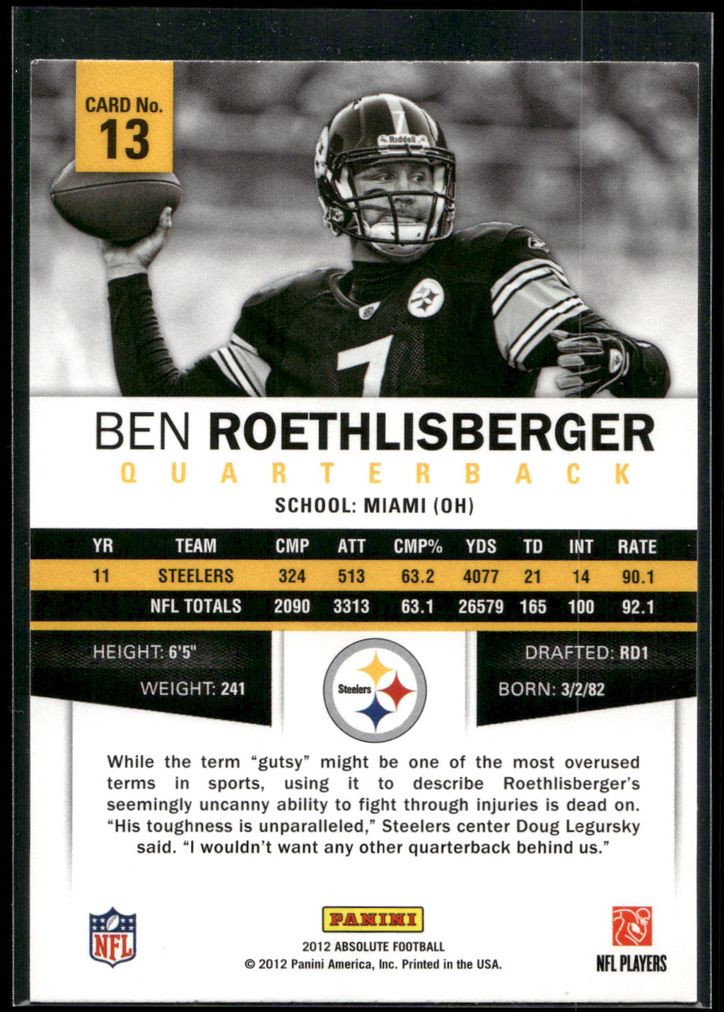 2012 Panini Absolute #13 Ben Roethlisberger Retail