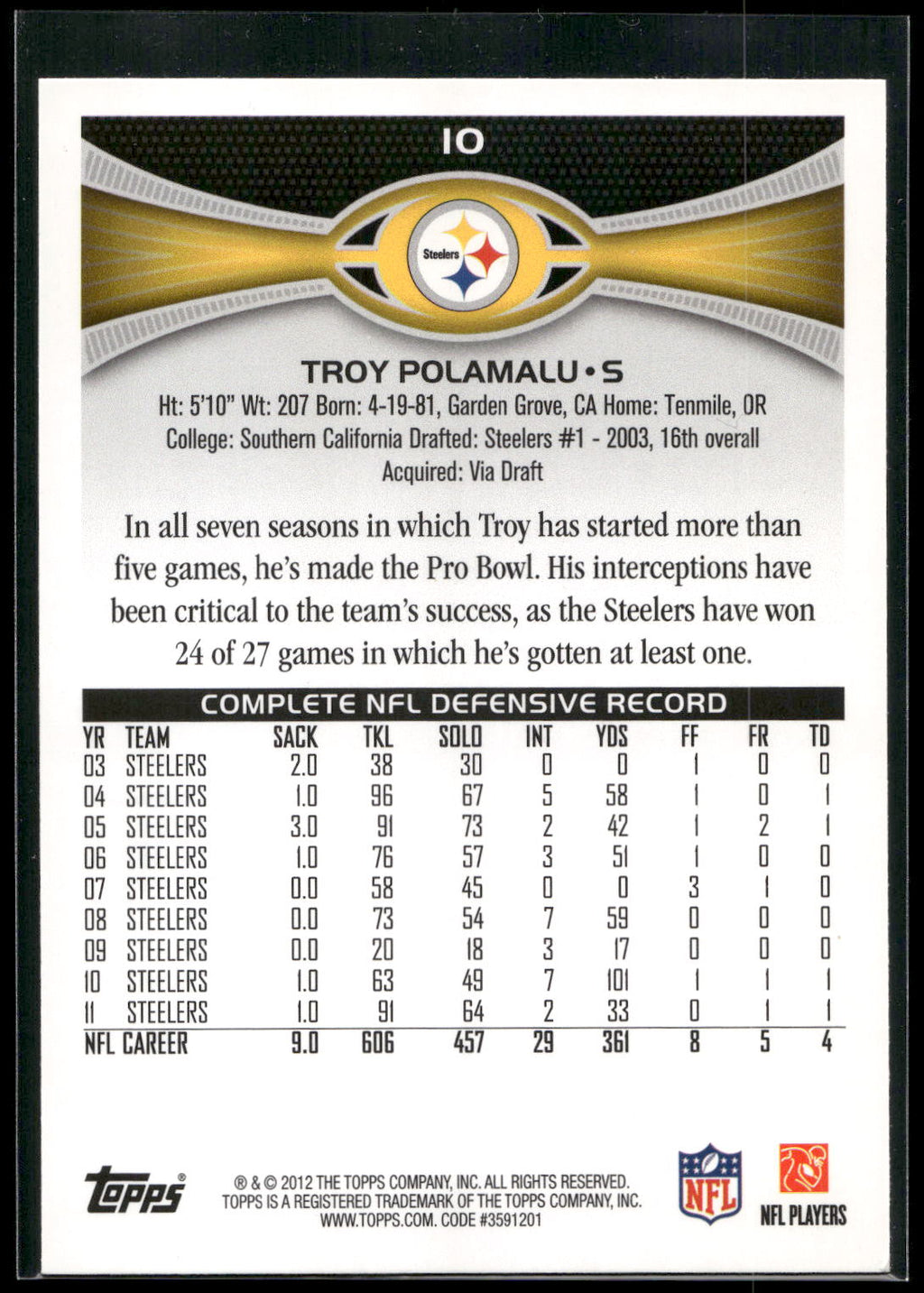 2012 Topps #10 Troy Polamalu