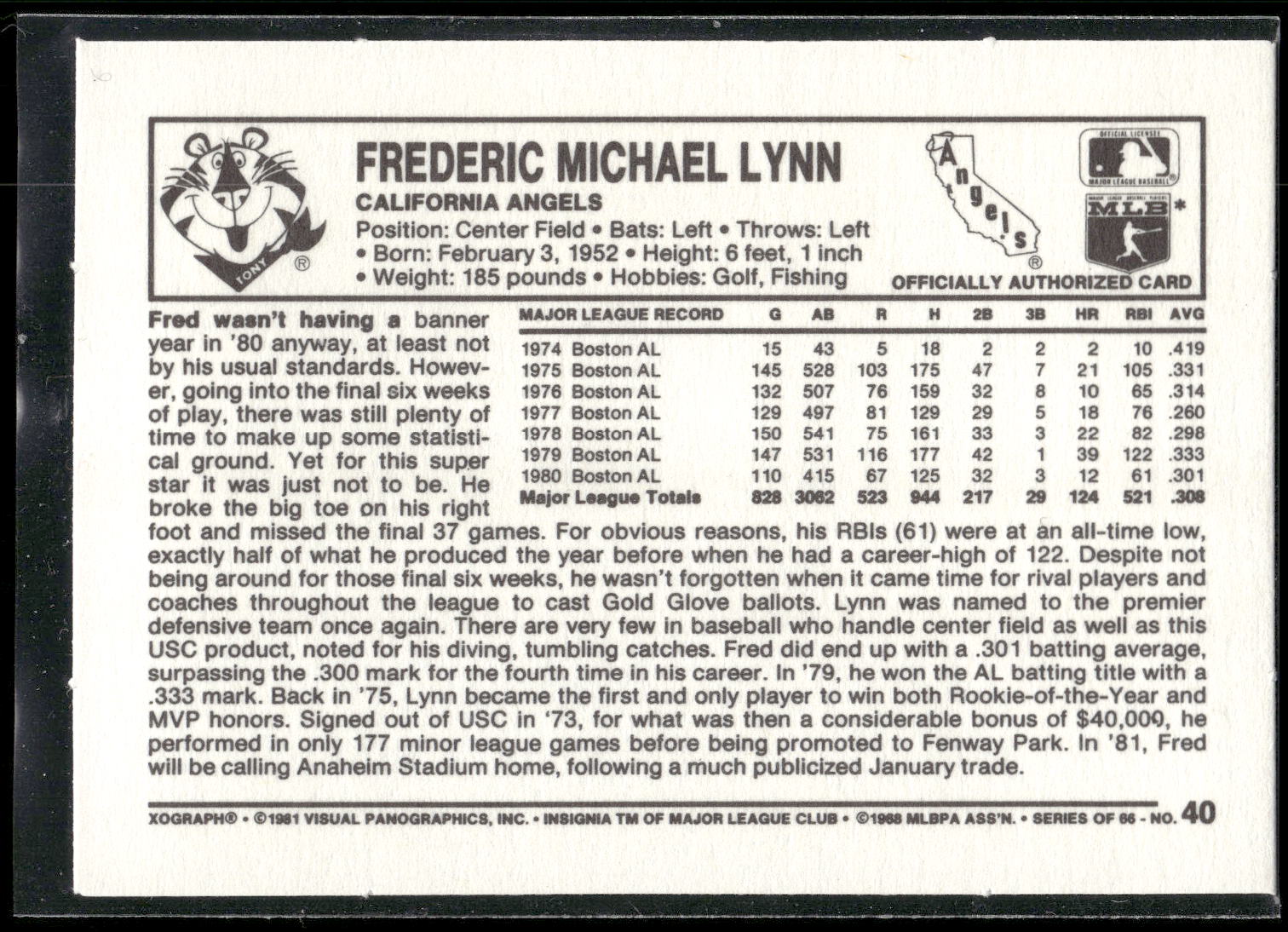 1981 Kellogg's 3-D Super Stars #40 Fred Lynn