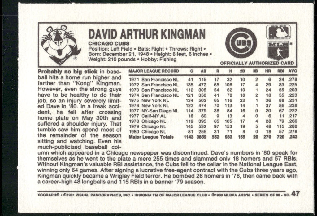 1981 Kellogg's 3-D Super Stars #47 Dave Kingman