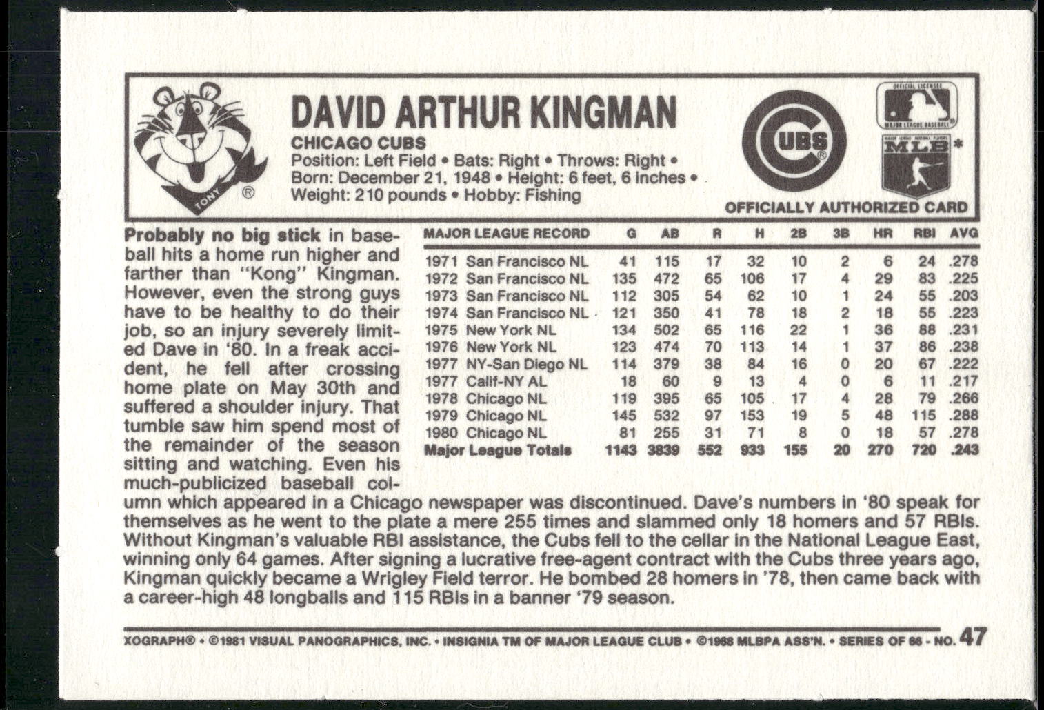 1981 Kellogg's 3-D Super Stars #47 Dave Kingman