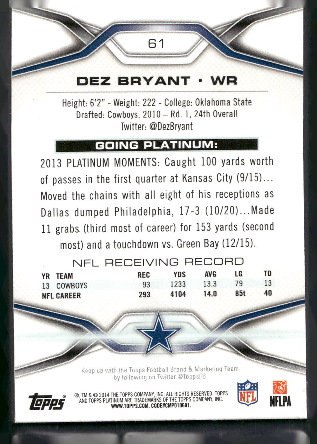 2014 Topps Platinum #61 Dez Bryant Blue Wave Refractors