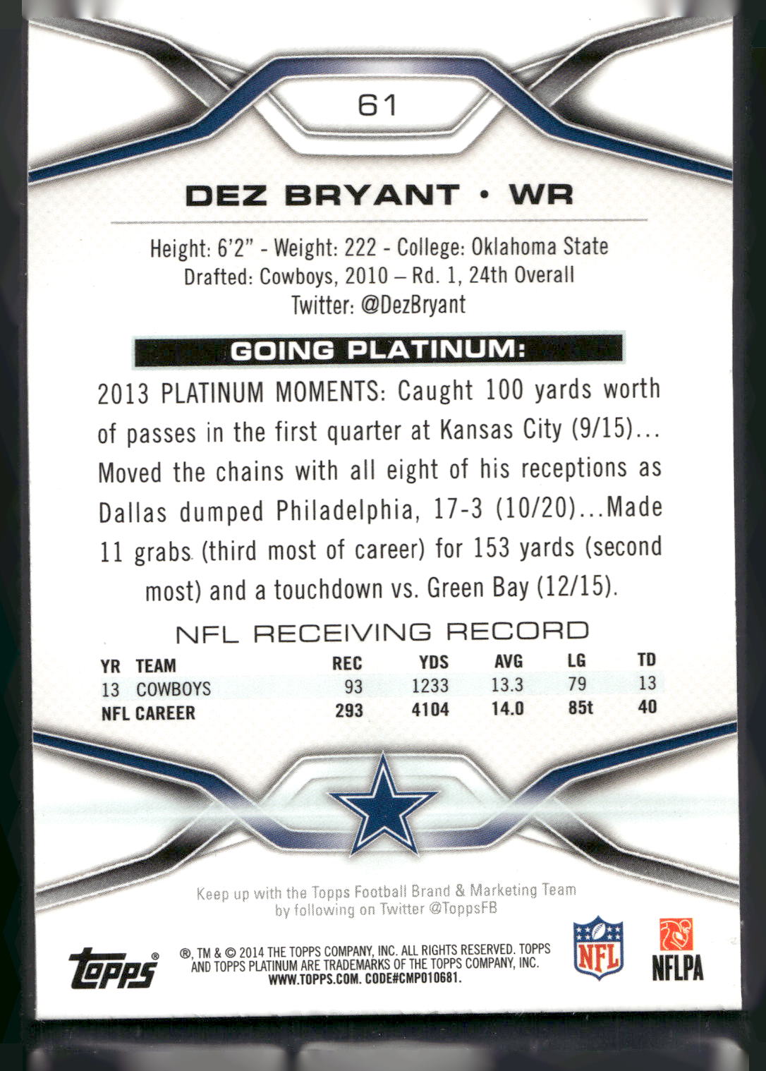 2014 Topps Platinum #61 Dez Bryant Blue Wave Refractors