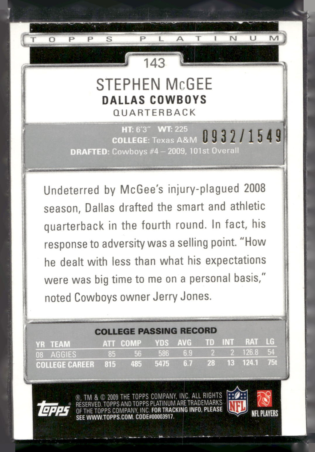 2009 Topps Platinum #143 Stephen McGee Base Rookie Variation #/1549