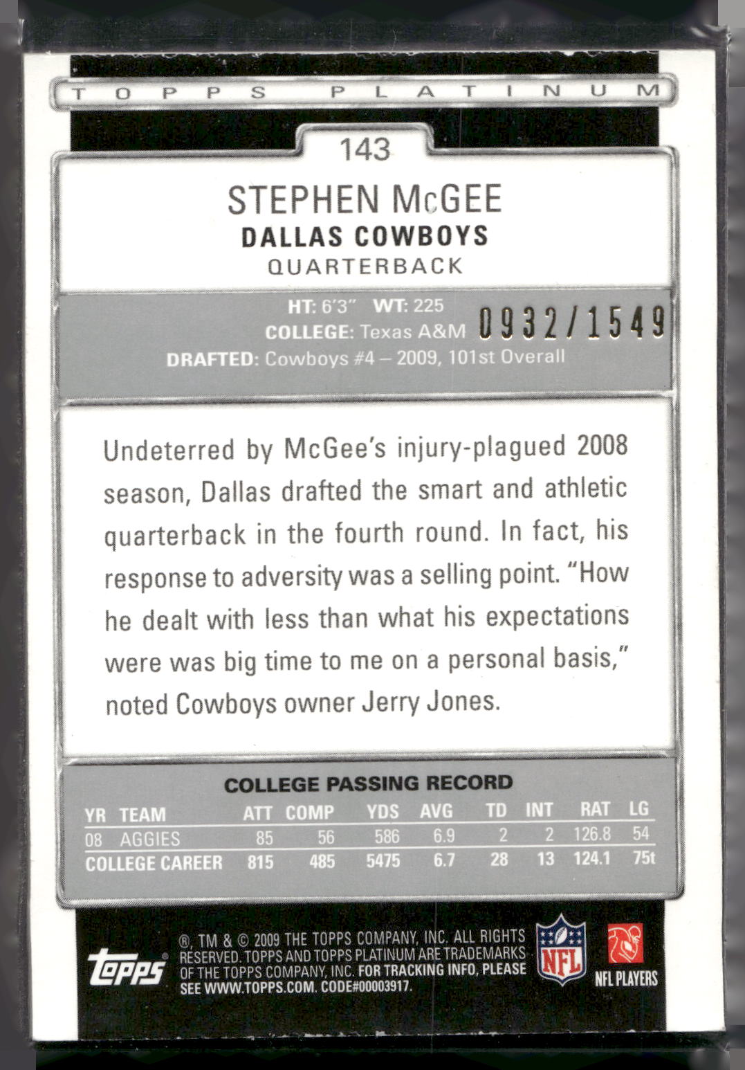 2009 Topps Platinum #143 Stephen McGee Base Rookie Variation #/1549