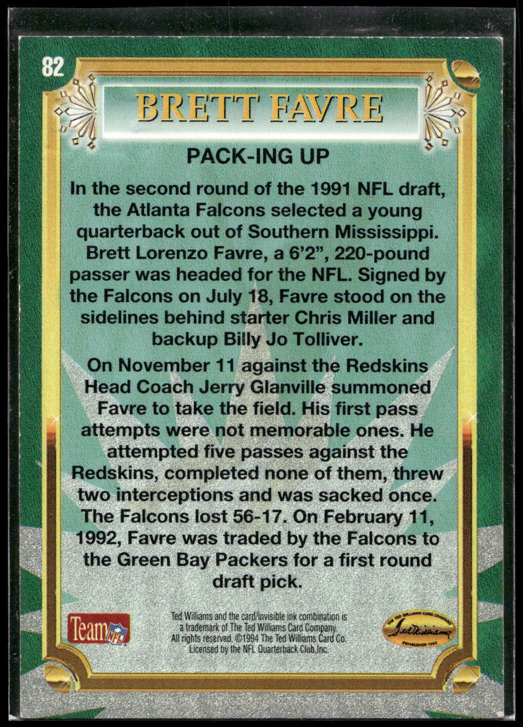 1994 Ted Williams Roger Staubach's NFL #82 Brett Favre
