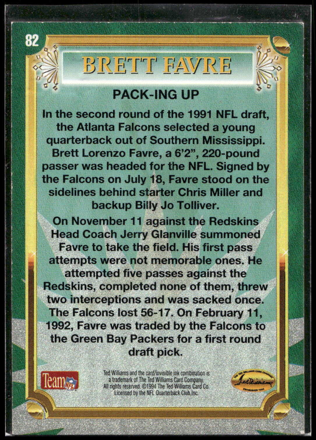 1994 Ted Williams Roger Staubach's NFL #82 Brett Favre