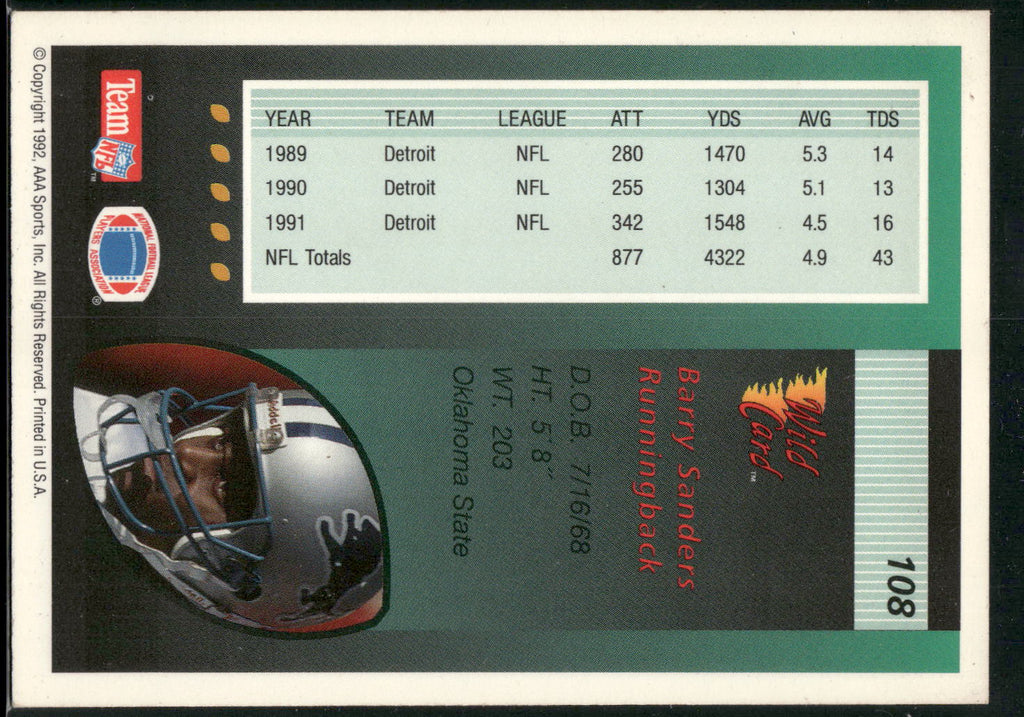 1992 Wild Card #108 Barry Sanders