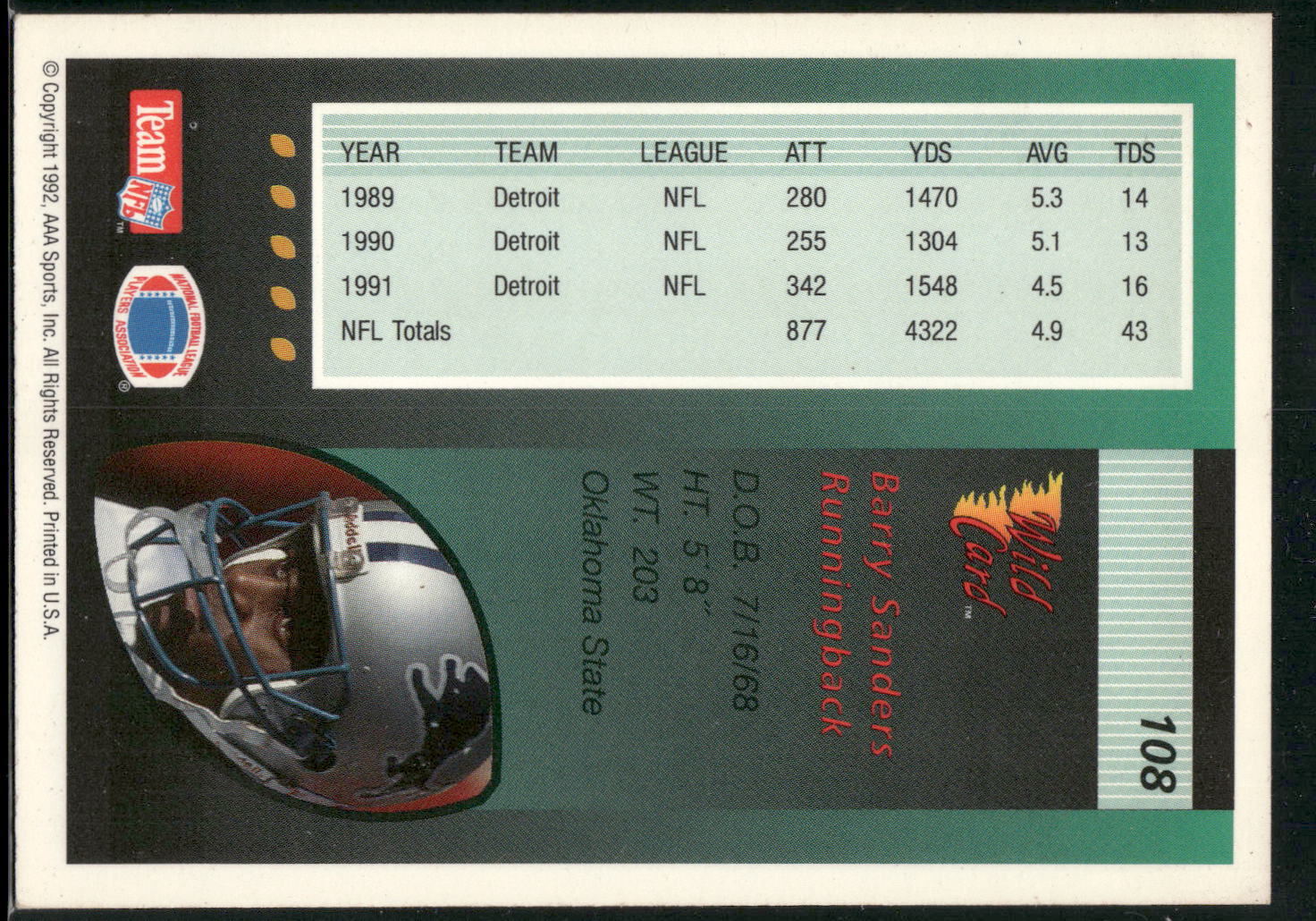 1992 Wild Card #108 Barry Sanders