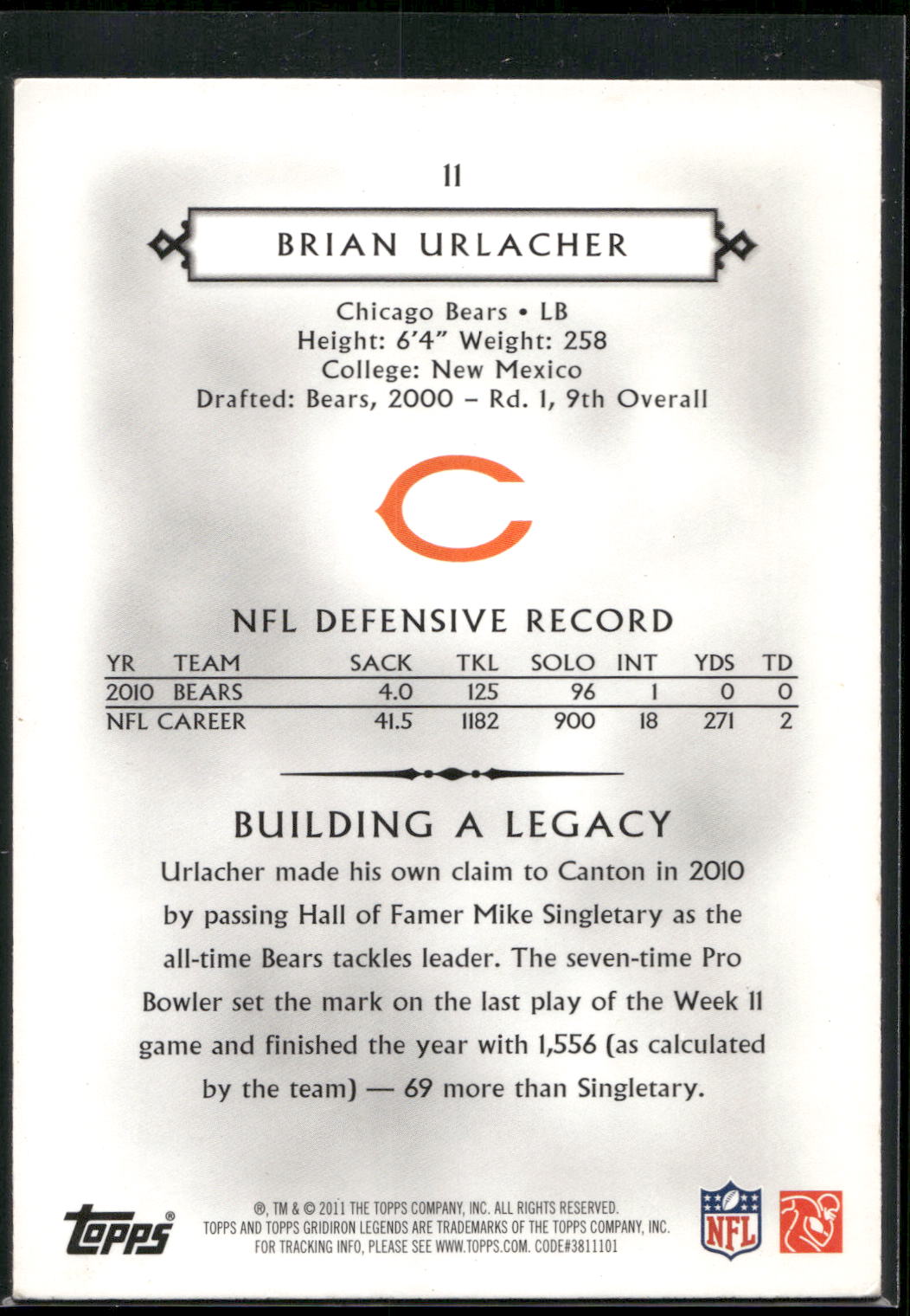 2011 Topps Gridiron Legends #11 Brian Urlacher