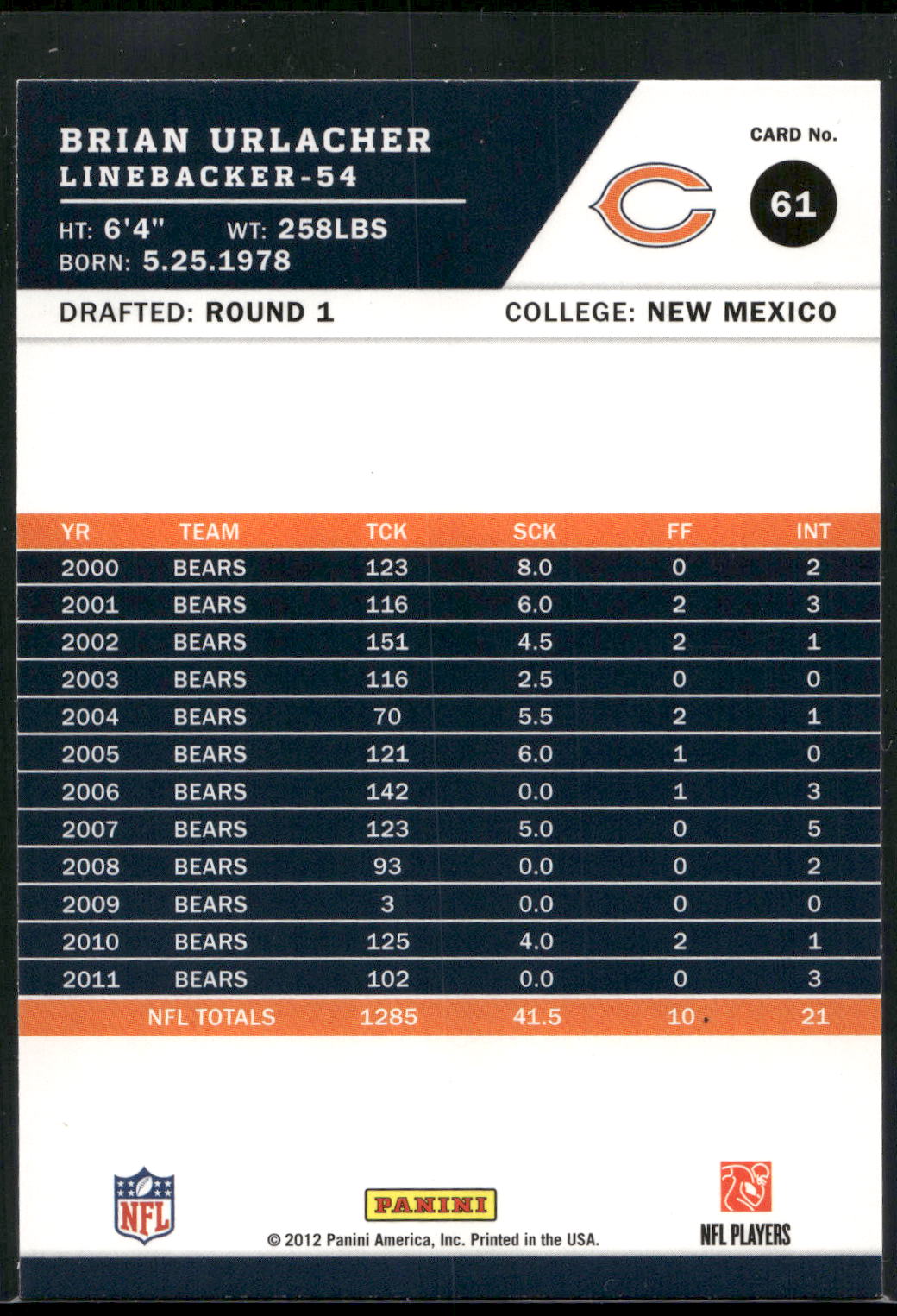 2012 Score #61 Brian Urlacher