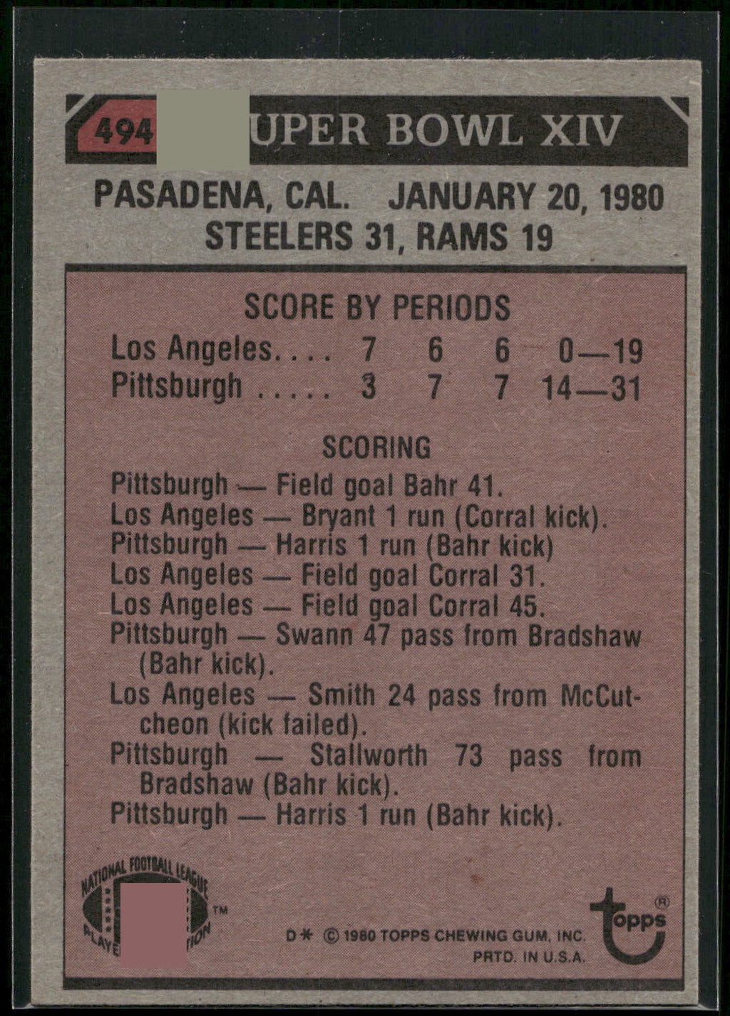 1980 Topps #494 Super Bowl XIV SBXIV