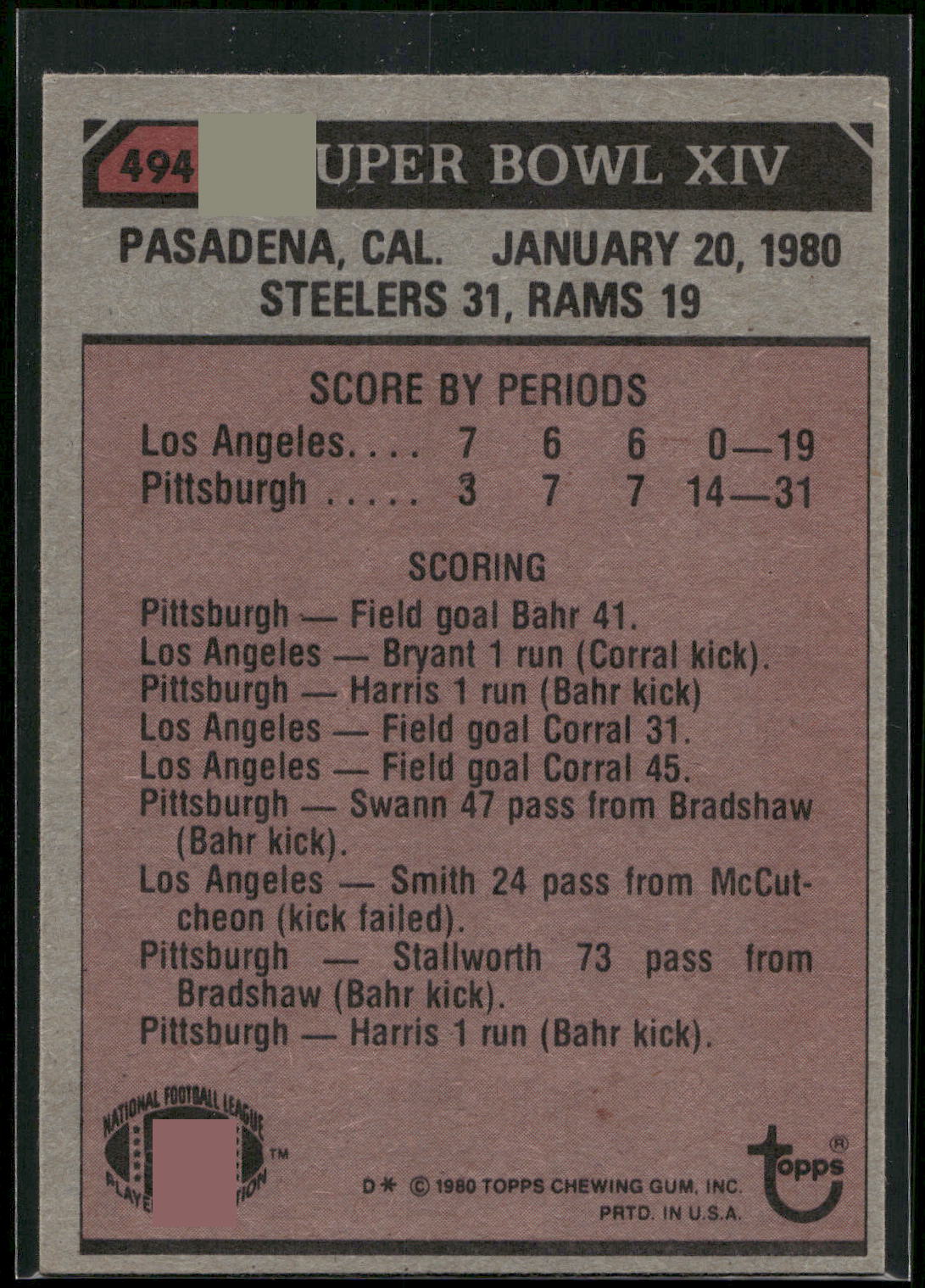 1980 Topps #494 Super Bowl XIV SBXIV