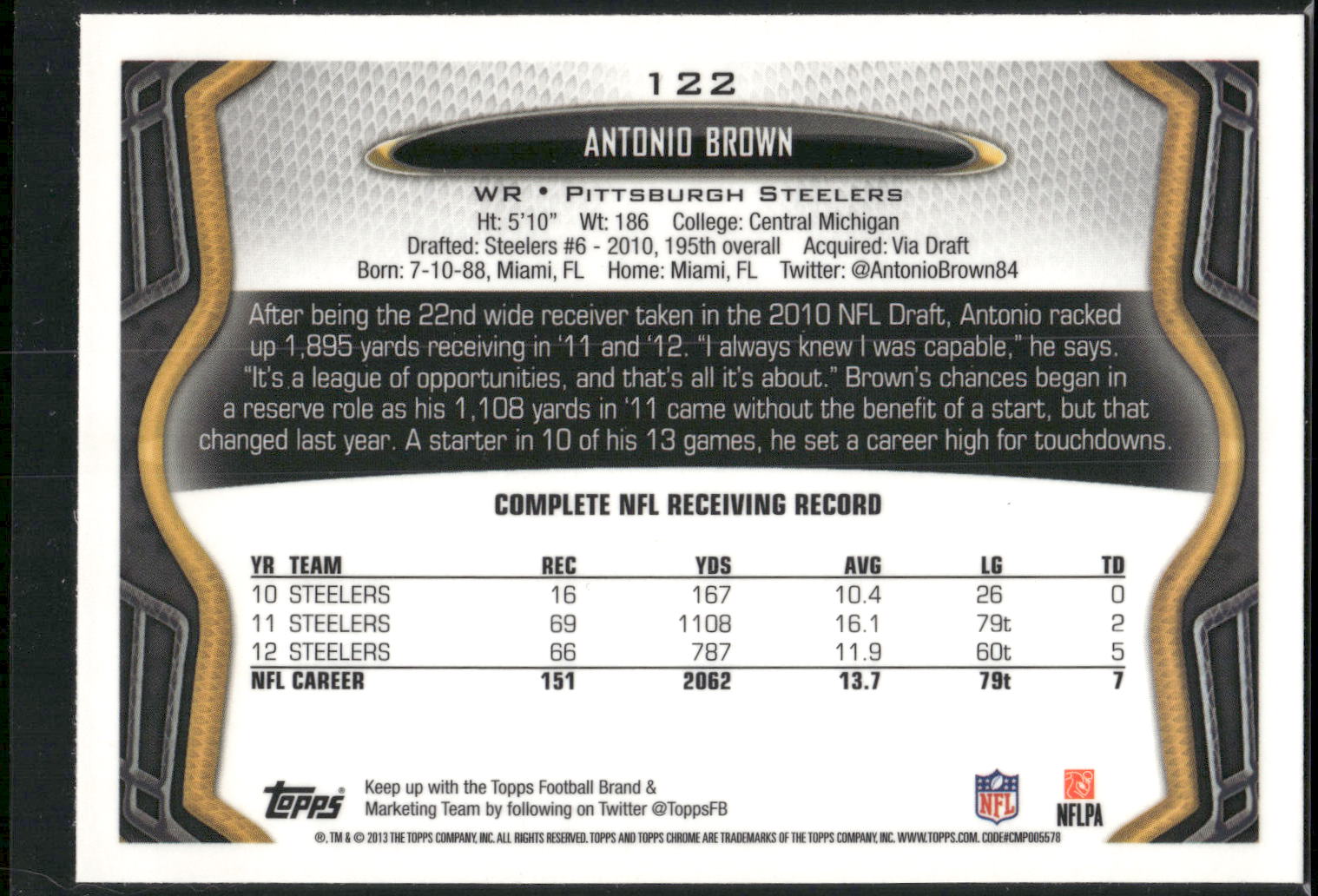 2013 Topps Chrome #122 Antonio Brown