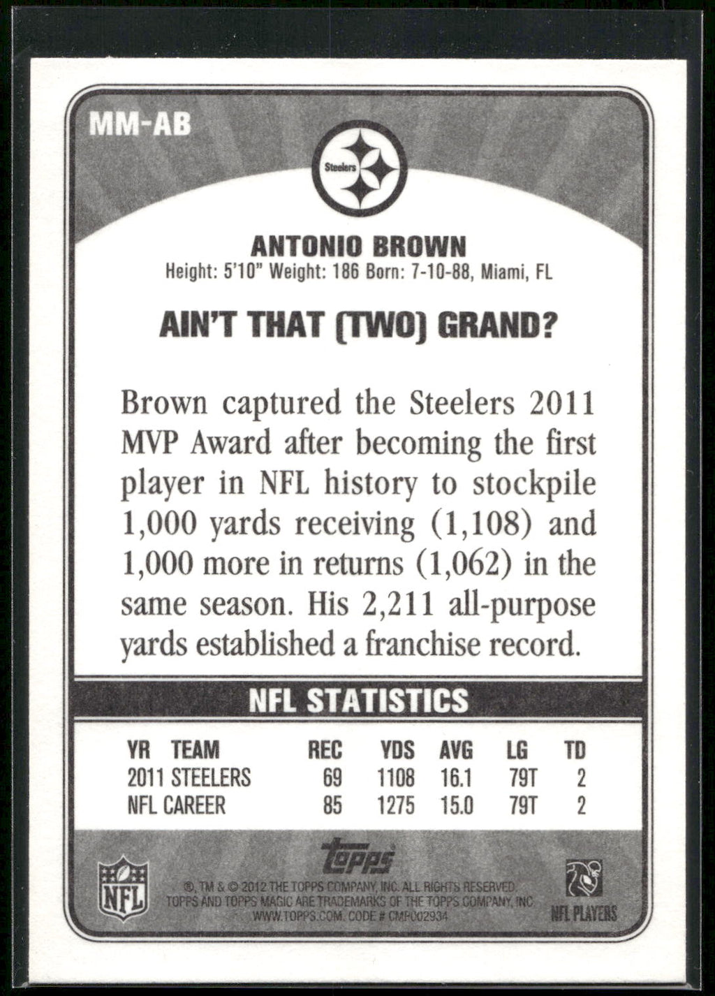 2012 Topps Magic #MM-AB Antonio Brown Magical Moments