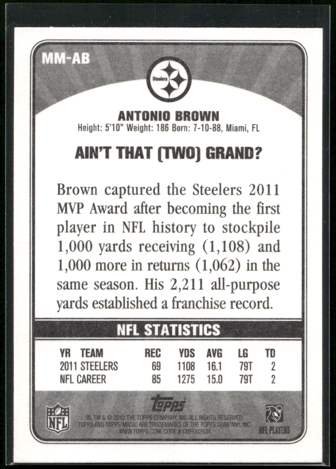 2012 Topps Magic #MM-AB Antonio Brown Magical Moments