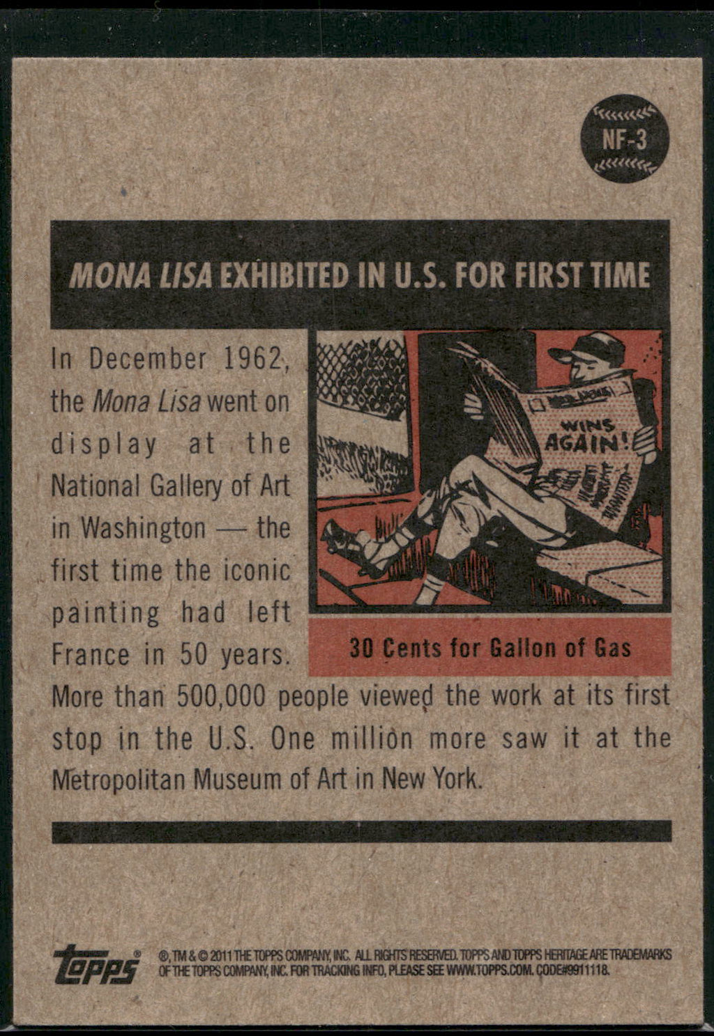 2011 Topps Heritage #NF-3 Mona Lisa Exhibited in U.S. News Flashbacks