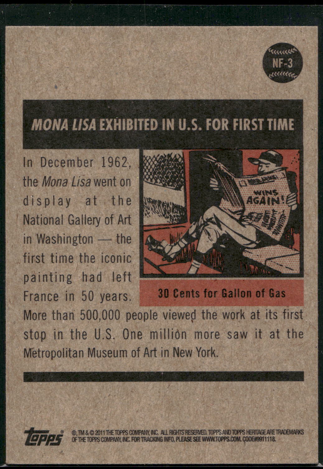 2011 Topps Heritage #NF-3 Mona Lisa Exhibited in U.S. News Flashbacks