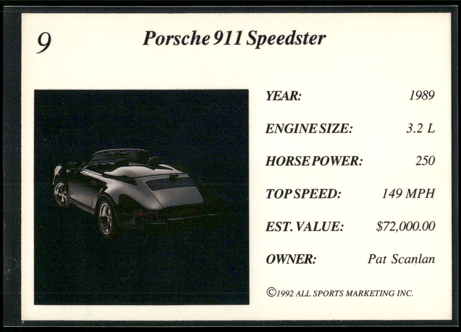 1992 All Sports Marketing Exotic Dreams #9 1989 Porsche 911 Speedster