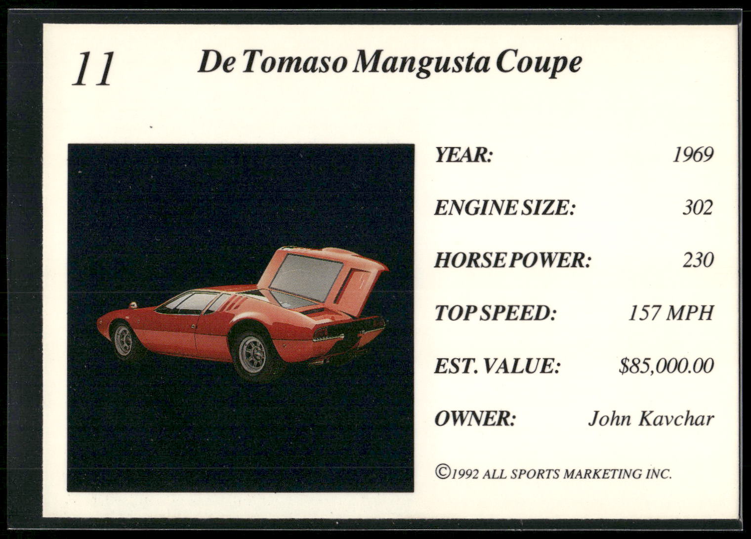 1992 All Sports Marketing Exotic Dreams #11 1969 De Tomaso Mangusta