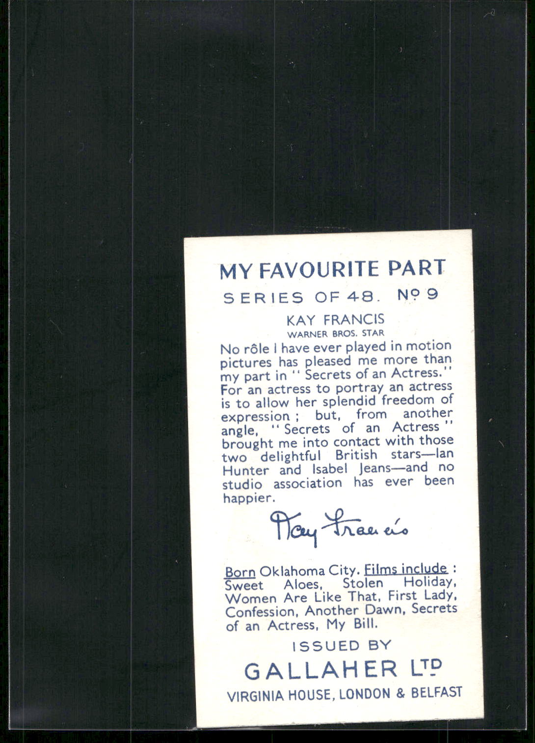 1939 Gallaher My Favourite Part #9 Kay Francis
