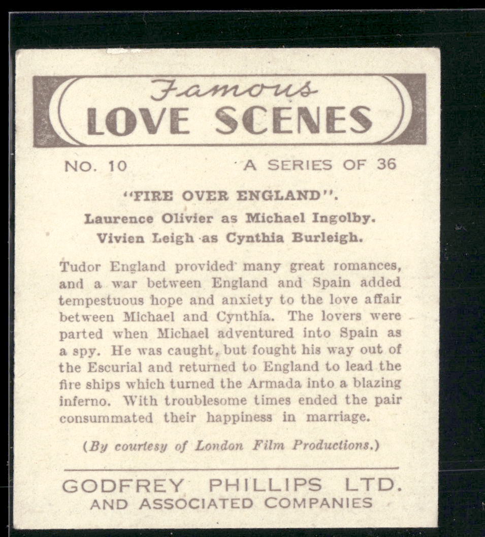 1939 Godfrey Phillips Famous Love Scenes #10 Laurence Olivier / Vivien Leigh