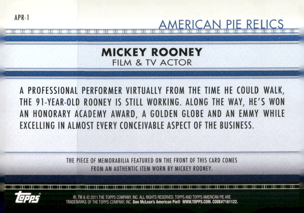2011 Topps American Pie #APR-1 Mickey Rooney Relics
