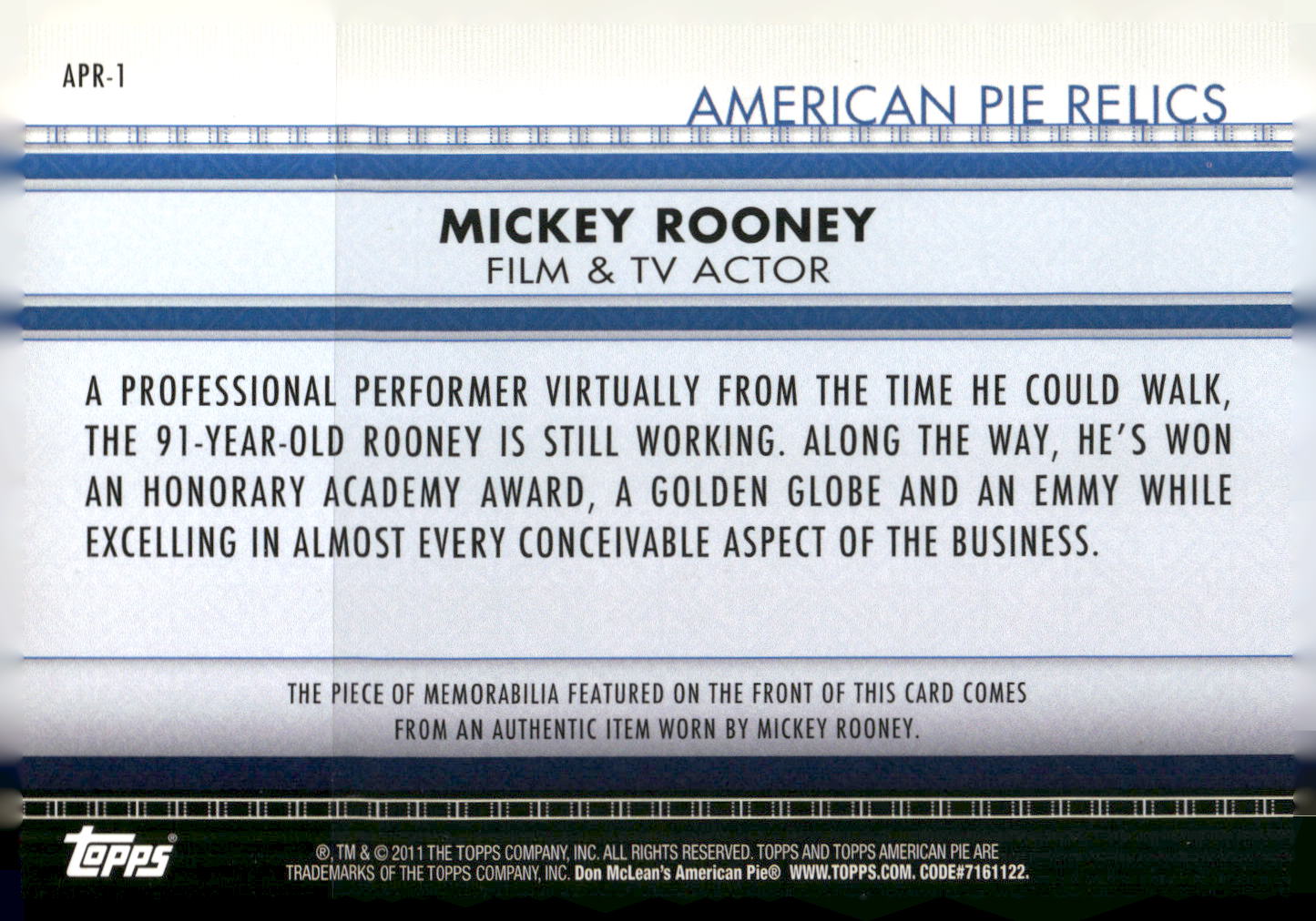 2011 Topps American Pie #APR-1 Mickey Rooney Relics