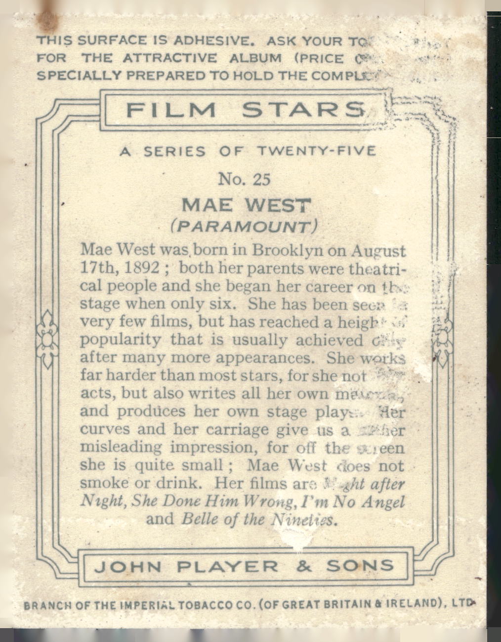 1934 Player's Film Stars (Large) #25 Mae West