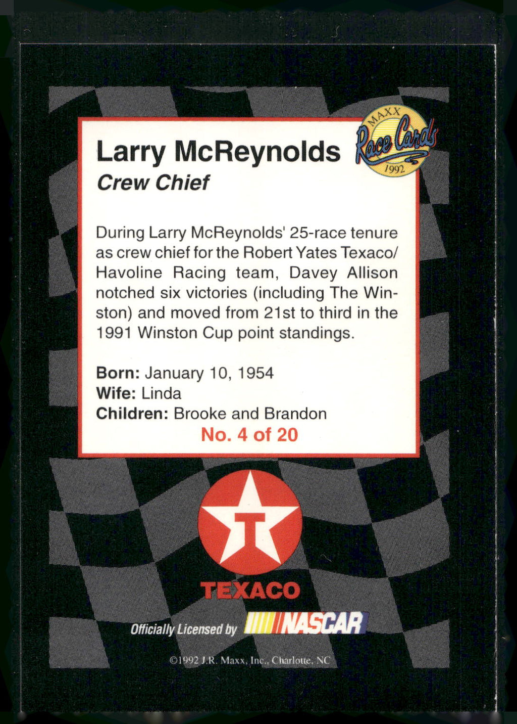 1992 Maxx Texaco Davey Allison #4 Larry McReynolds