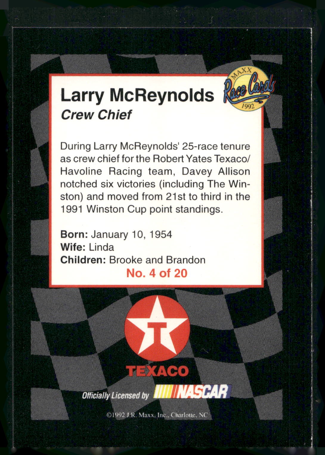 1992 Maxx Texaco Davey Allison #4 Larry McReynolds