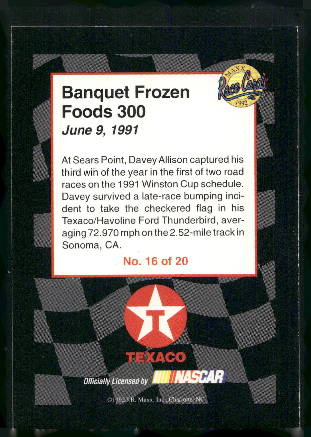 1992 Maxx Texaco Davey Allison #16 Victory #3 Sears Point