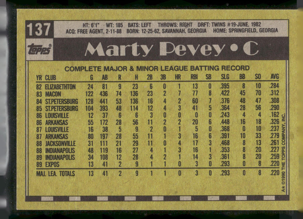 1990 Topps #137 Marty Pevey - Error Card - Blank Front