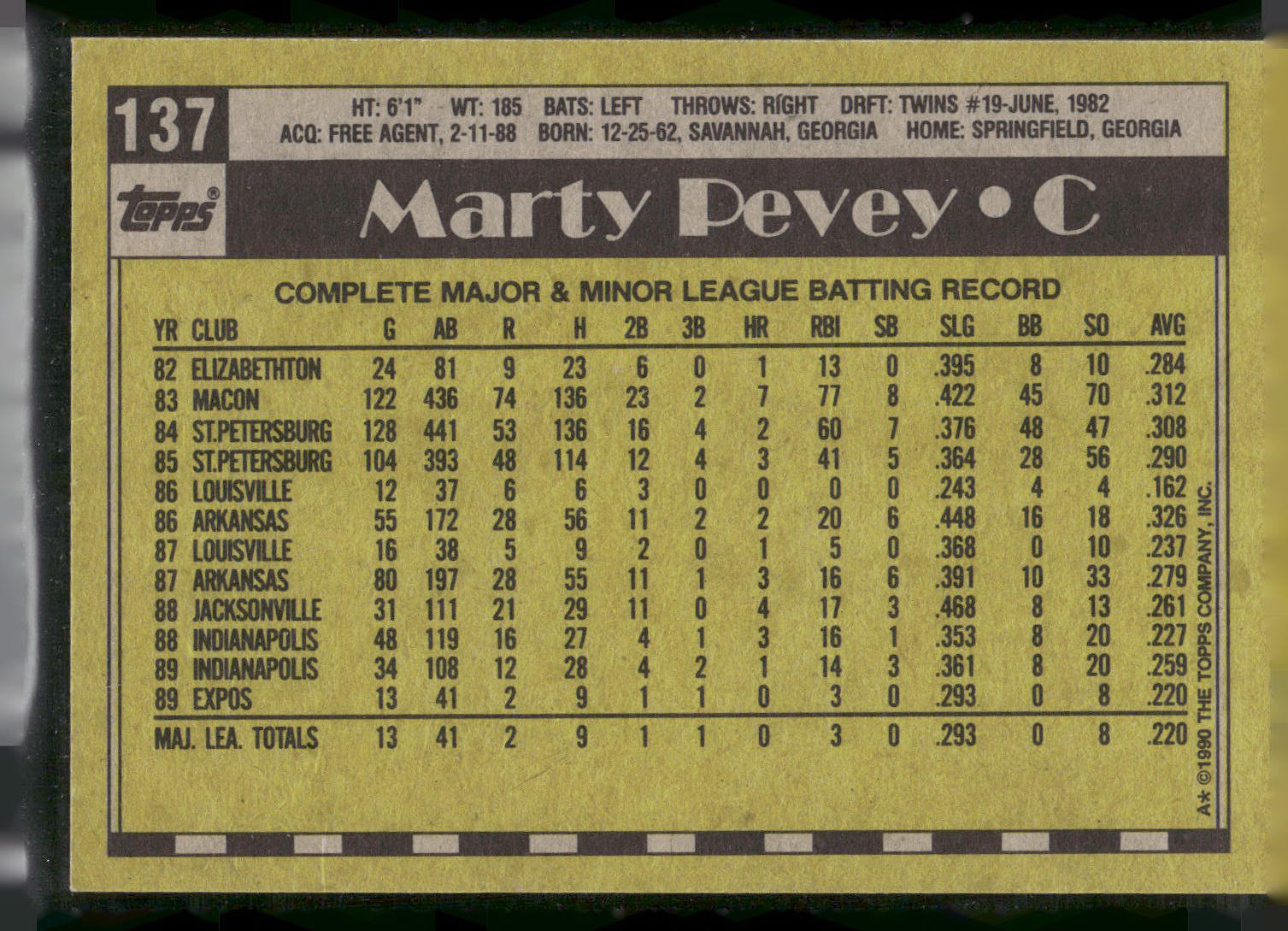 1990 Topps #137 Marty Pevey - Error Card - Blank Front