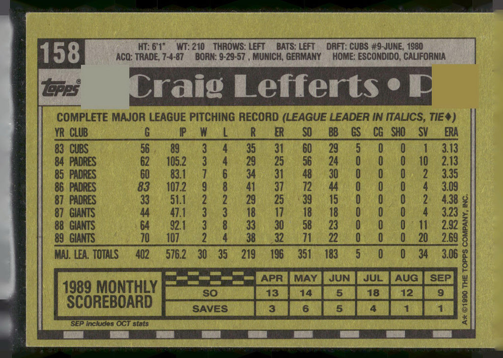 1990 Topps #158 Craig Lefferts - Error Card - Blank Front