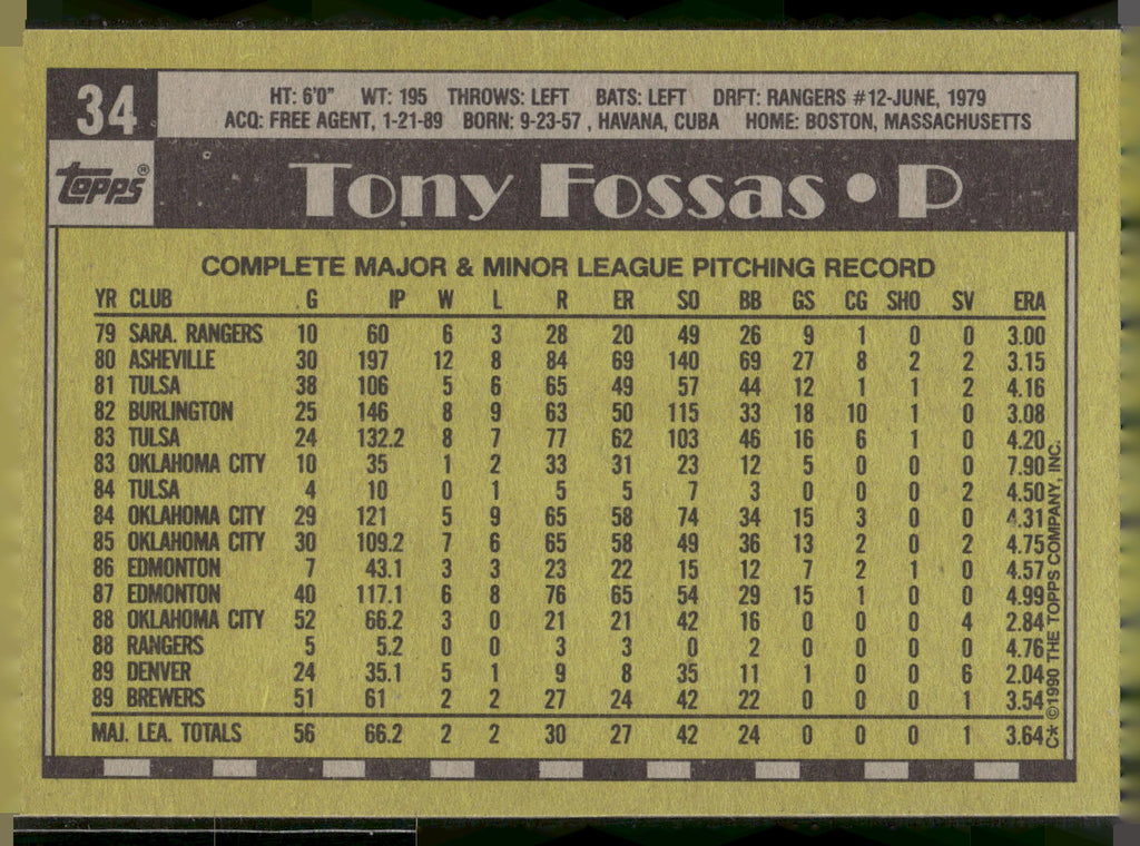 1990 Topps #34 Tony Fossas - Error Card - Blank Front