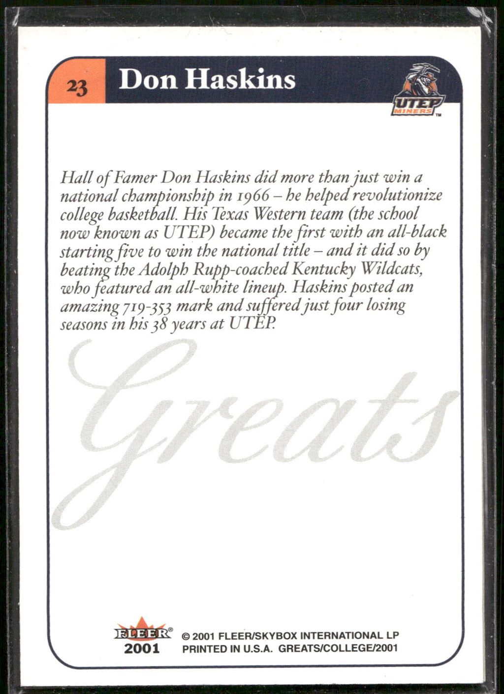 2001 Fleer Greats of the Game #4 CC Don Haskins Coach's Corner