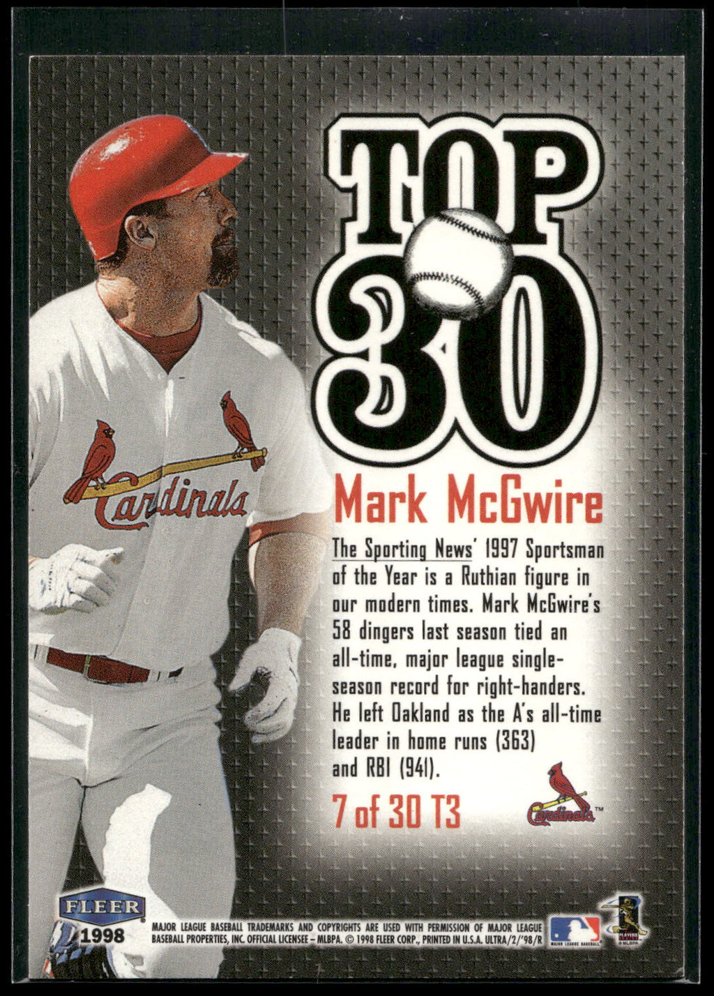 1998 Ultra #7 T3 Mark McGwire Top 30