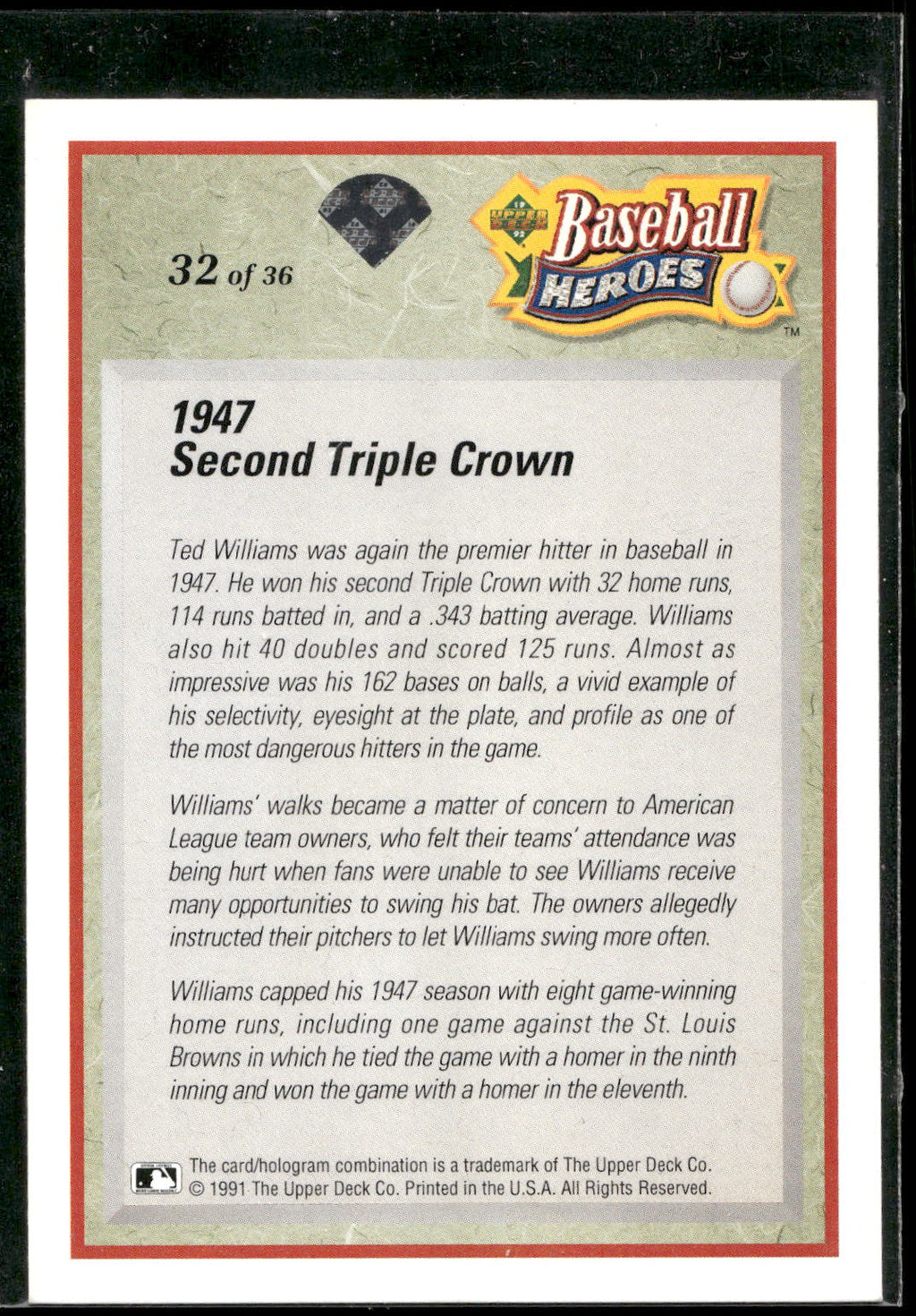 1992 Upper Deck #32 Ted Williams Baseball Heroes: Ted Williams