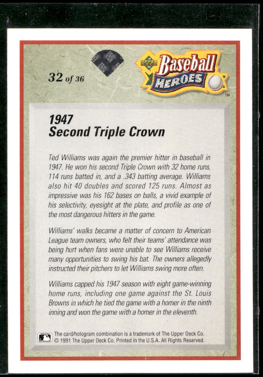 1992 Upper Deck #32 Ted Williams Baseball Heroes: Ted Williams