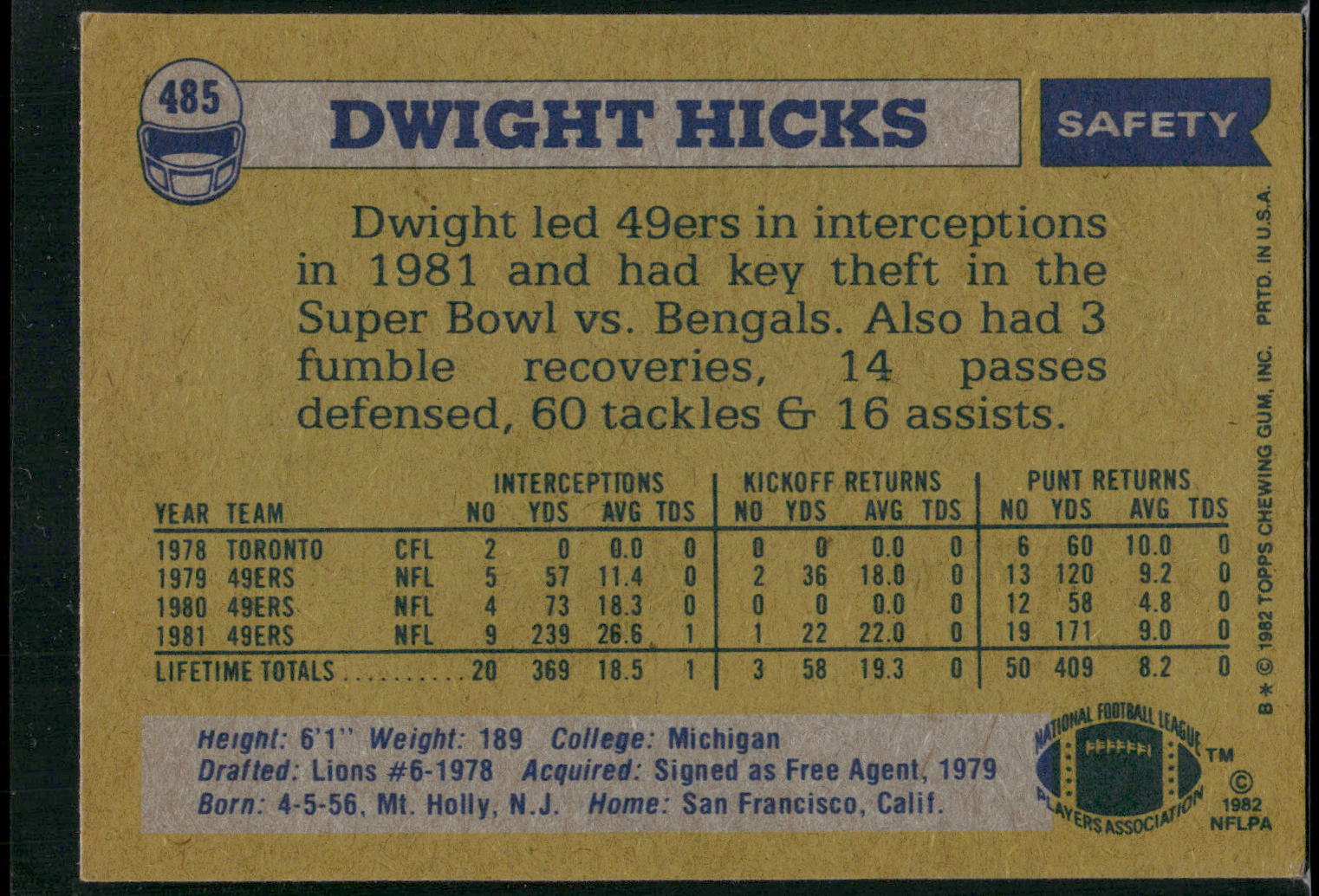 1982 Topps #485 Dwight Hicks