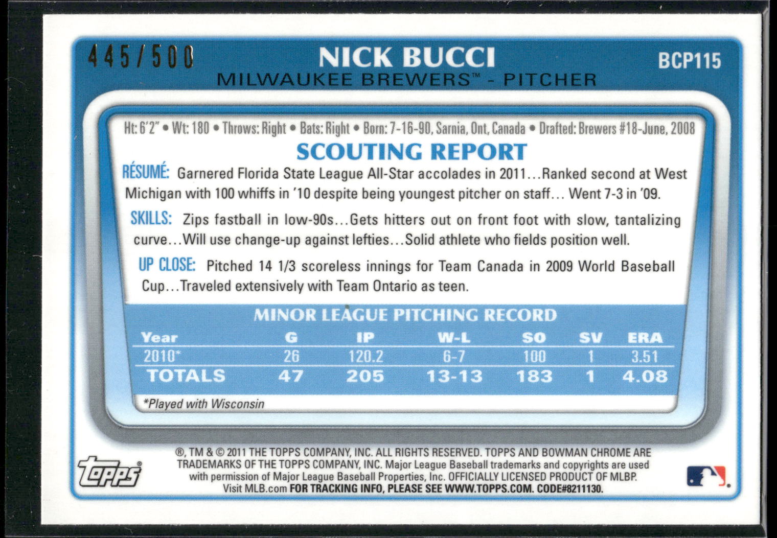 2011 Bowman Chrome #BCP115 Nick Bucci Prospects Refractors #/500