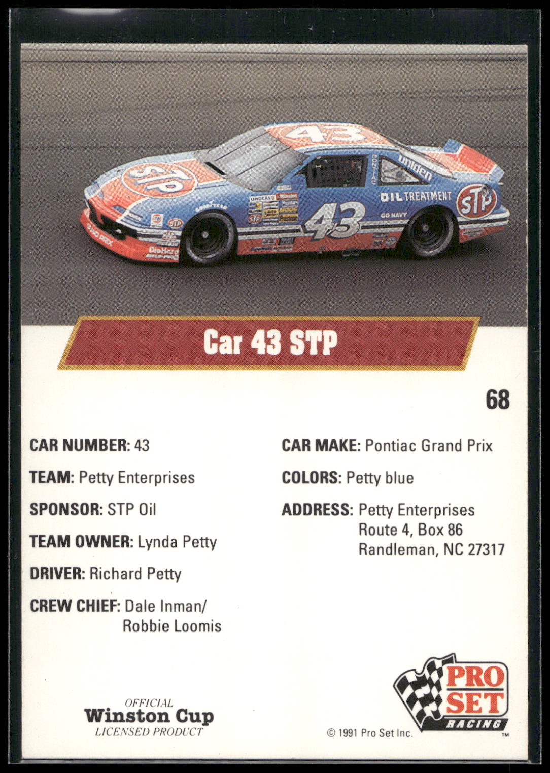 1991 Pro Set #68 Richard Petty's Car