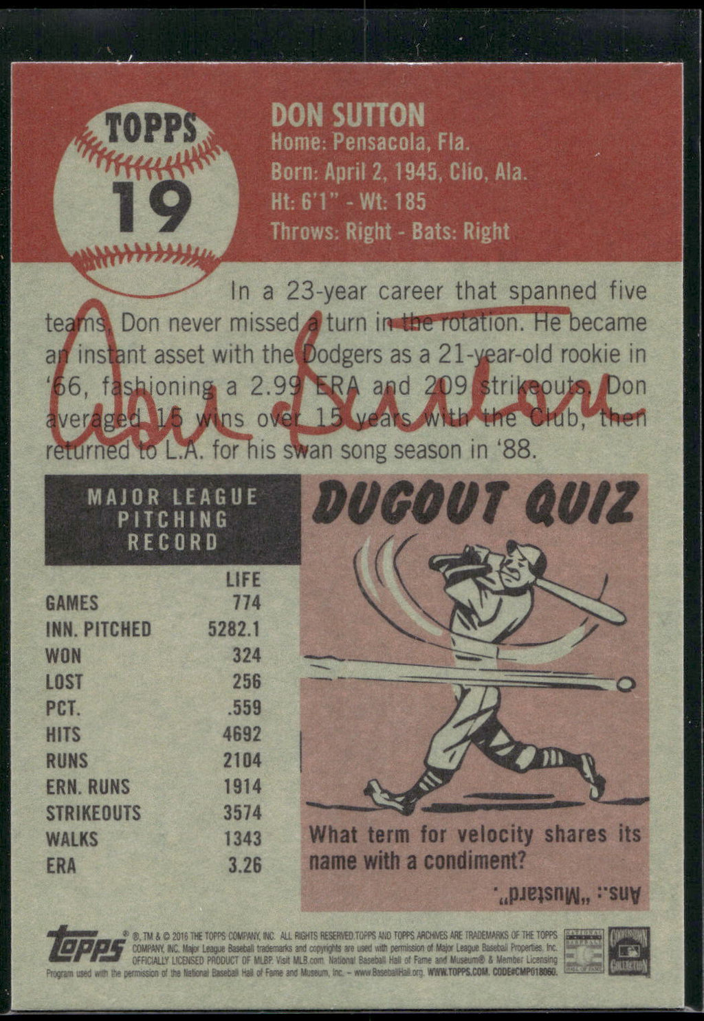 2016 Topps Archives #19 Don Sutton