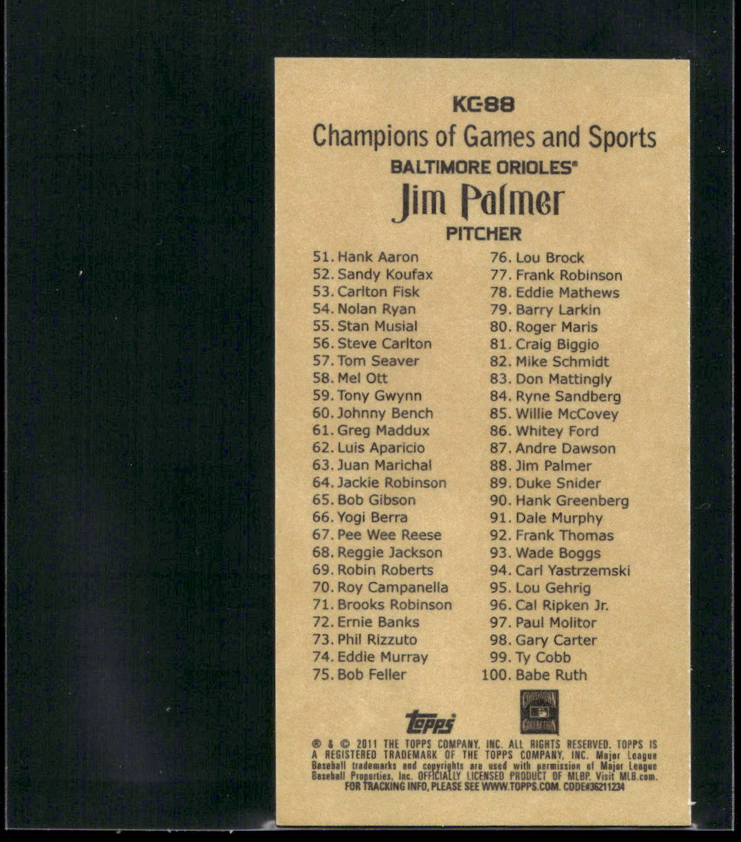 2011 Topps #KC-88 Jim Palmer Kimball Champions