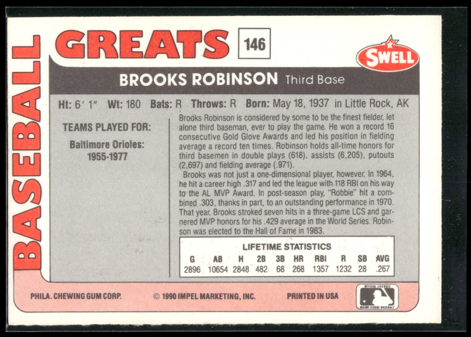 1991 Swell Baseball Greats #146 Brooks Robinson