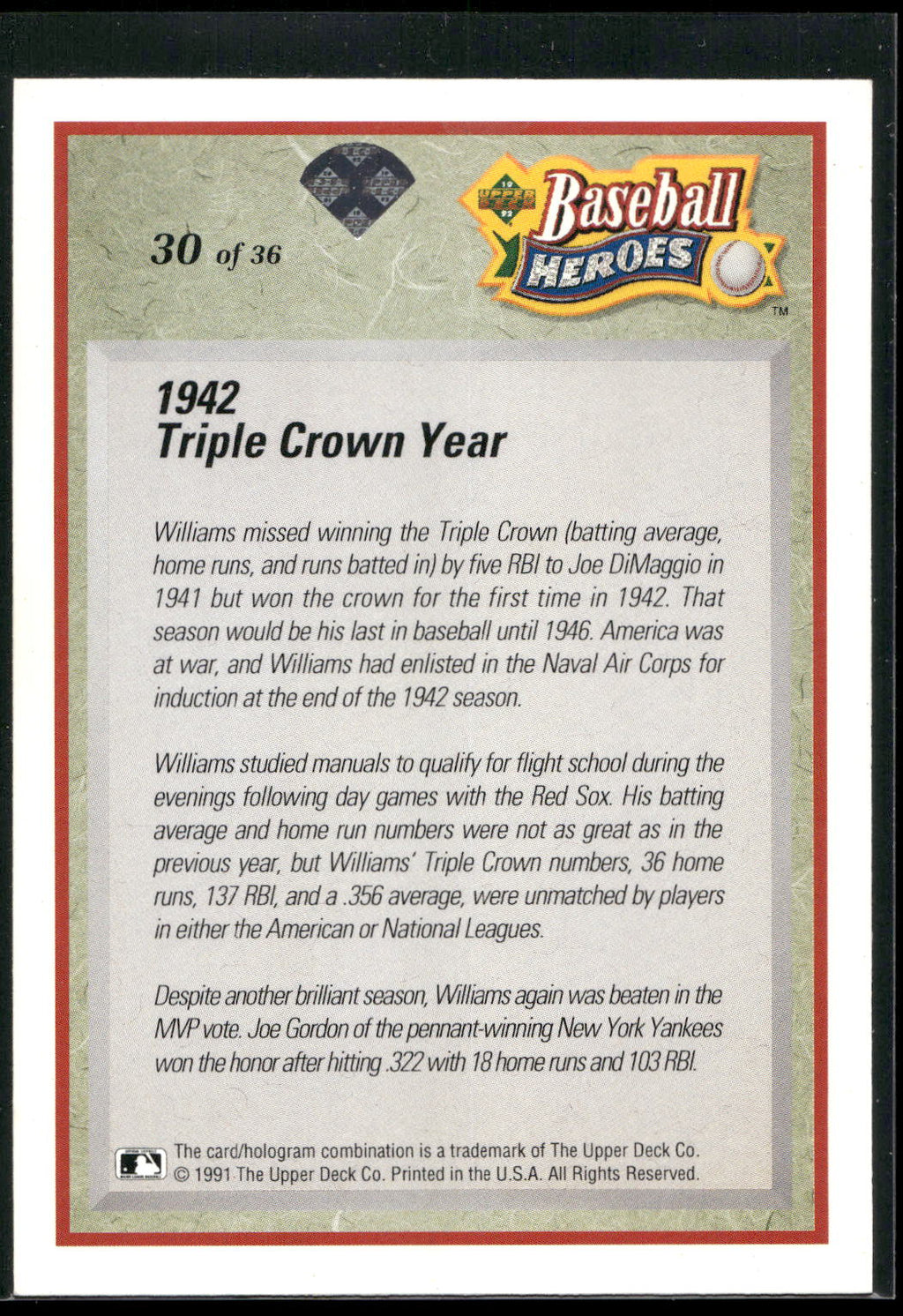 1992 Upper Deck #30 Ted Williams Baseball Heroes: Ted Williams