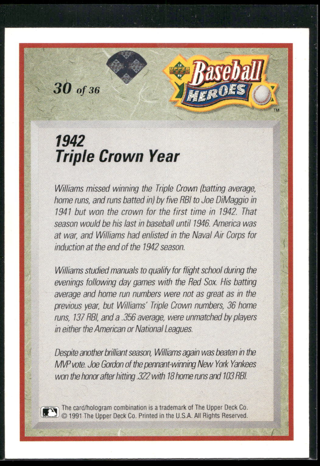 1992 Upper Deck #30 Ted Williams Baseball Heroes: Ted Williams