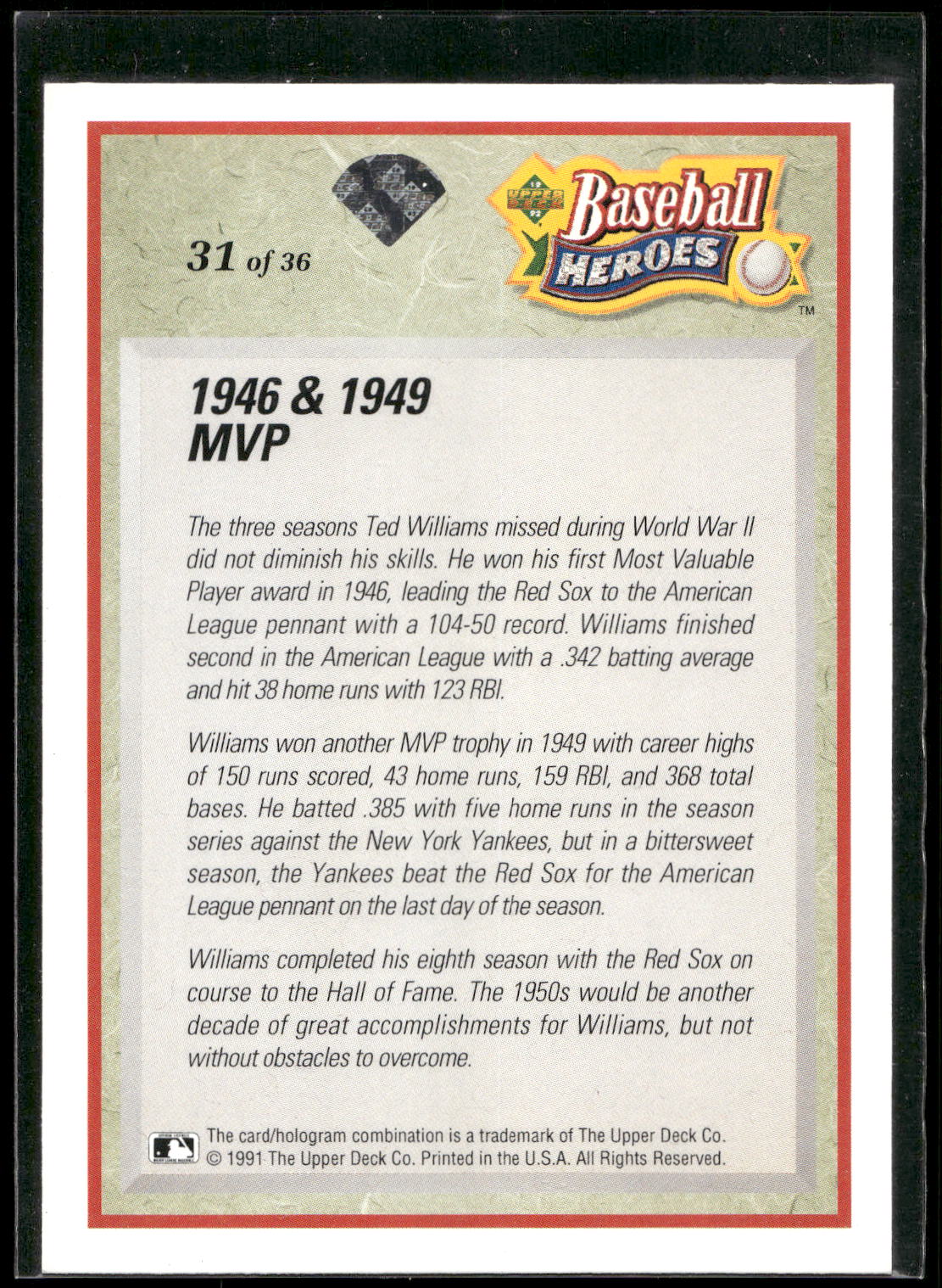 1992 Upper Deck #31 Ted Williams Baseball Heroes: Ted Williams