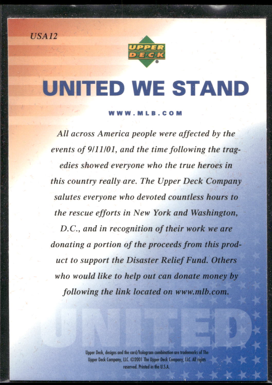 2001 Upper Deck Legends of New York #USA12 FDNY / NYPD United We Stand